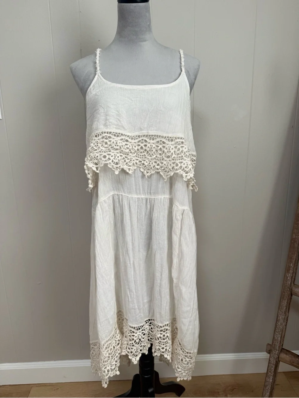 Free People Cream Tiered Lace Midi Dress